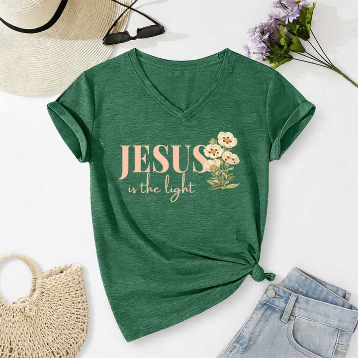Christianartworkshop T-shirt casual con scollo a V e stampa floreale "Jesus Is The Light" - Verde scuro - 2XL - image 16