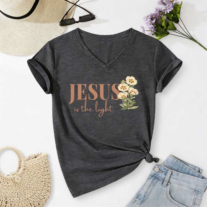 Christianartworkshop T-shirt casual con scollo a V e stampa floreale "Jesus Is The Light" - Grigio scuro - 2XL - image 22