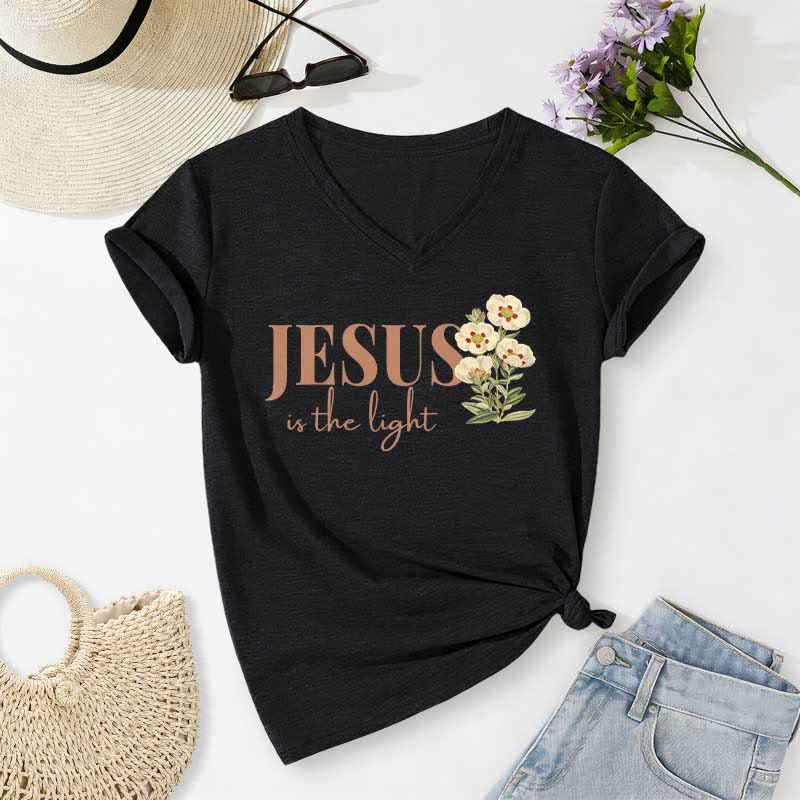 Christianartworkshop T-shirt casual con scollo a V e stampa floreale "Jesus Is The Light" - Nero - 2XL - image 14