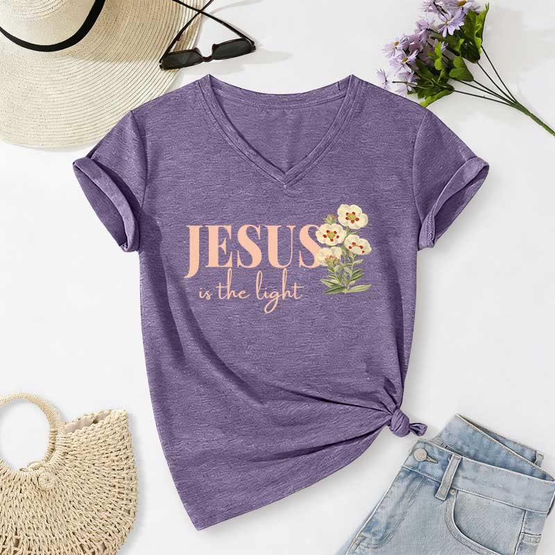 Christianartworkshop T-shirt casual con scollo a V e stampa floreale "Jesus Is The Light" - Viola - 2XL - image 18