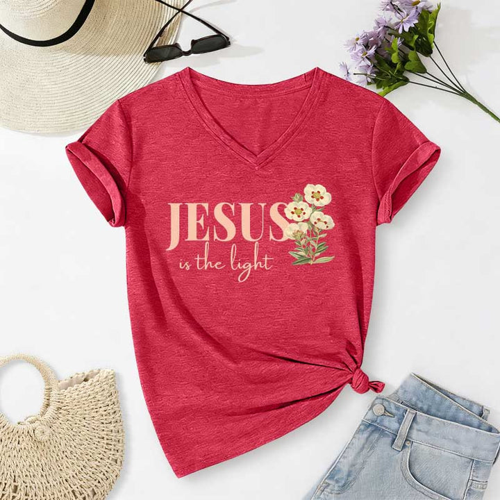 Christianartworkshop T-shirt casual con scollo a V e stampa floreale "Jesus Is The Light" - Rosso - 2XL - image 24