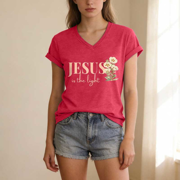Christianartworkshop T-shirt casual con scollo a V e stampa floreale "Jesus Is The Light" - image 25
