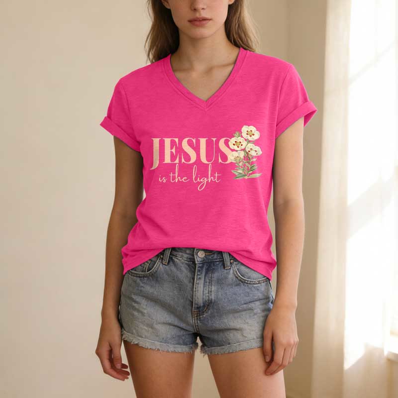 Christianartworkshop T-shirt casual con scollo a V e stampa floreale "Jesus Is The Light" - image 1