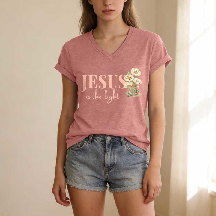 Christianartworkshop T-shirt casual con scollo a V e stampa floreale "Jesus Is The Light" - image 13