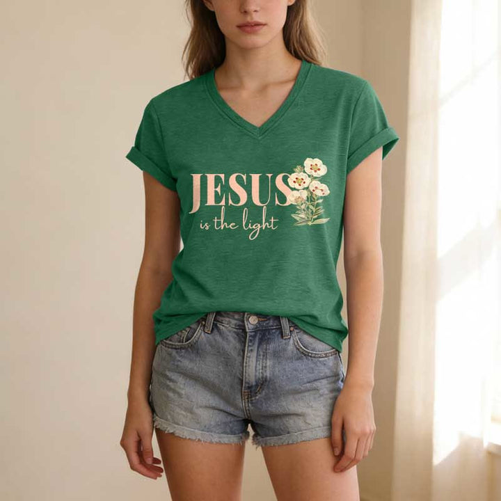 Christianartworkshop T-shirt casual con scollo a V e stampa floreale "Jesus Is The Light" - image 17