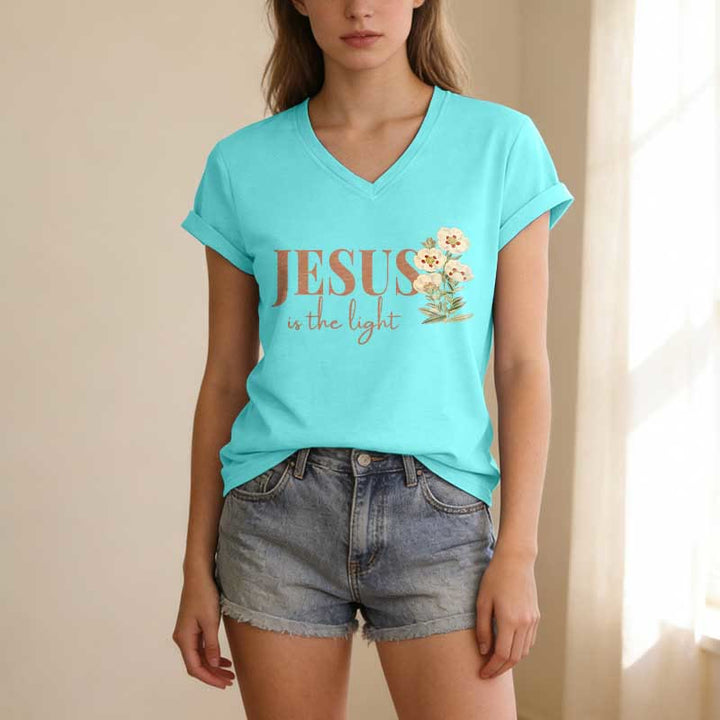 Christianartworkshop T-shirt casual con scollo a V e stampa floreale "Jesus Is The Light" - image 11