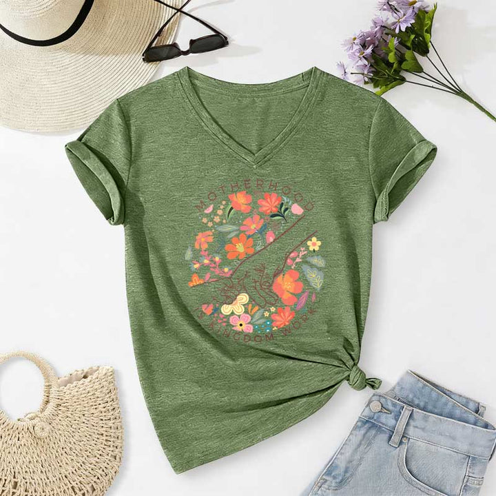Christianartworkshop La maternità è il regno del lavoro, maglietta casual con scollo a V e stampa floreale. - Verde oliva - 2XL - image 2