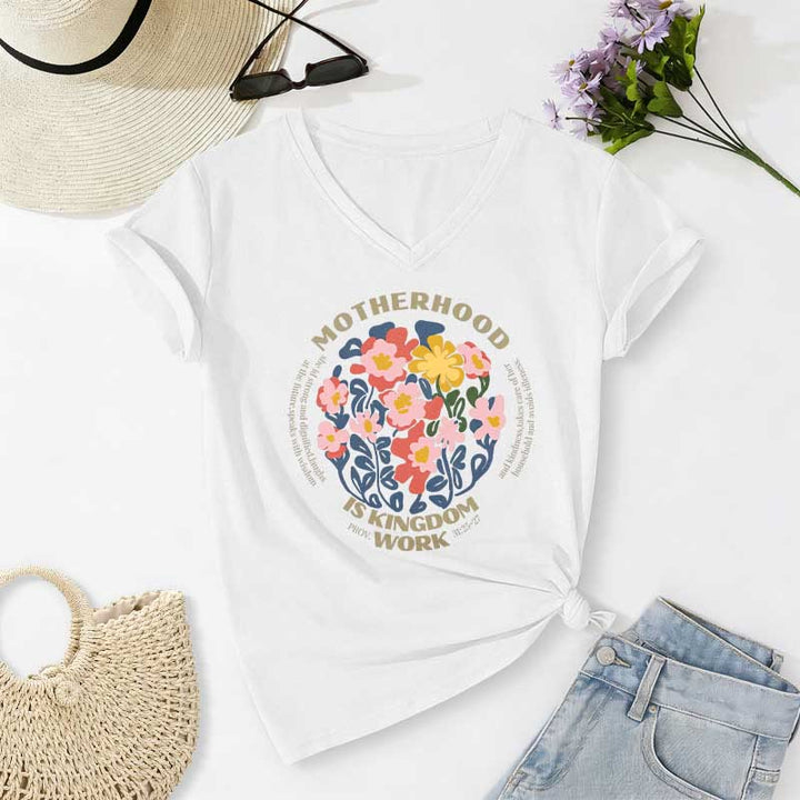 Christianartworkshop T-shirt casual con scollo a V "Boho Floral Motherhood Is Kingdom" per lavoro e maternità. - Bianco - 2XL - image 4