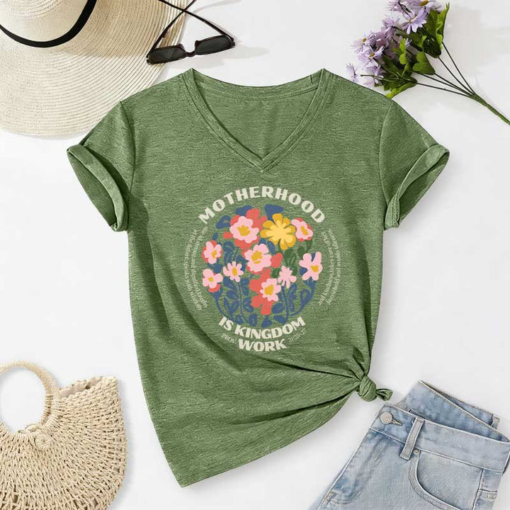 Christianartworkshop T-shirt casual con scollo a V "Boho Floral Motherhood Is Kingdom" per lavoro e maternità. - Verde oliva - 2XL - image 2