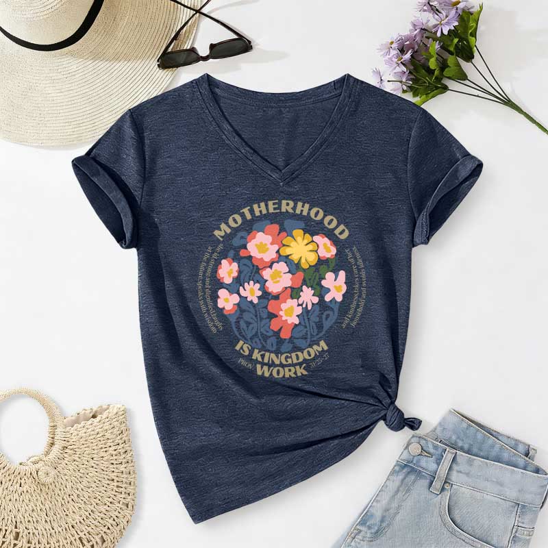 Christianartworkshop T-shirt casual con scollo a V "Boho Floral Motherhood Is Kingdom" per lavoro e maternità. - Blu navy - 2XL - image 18