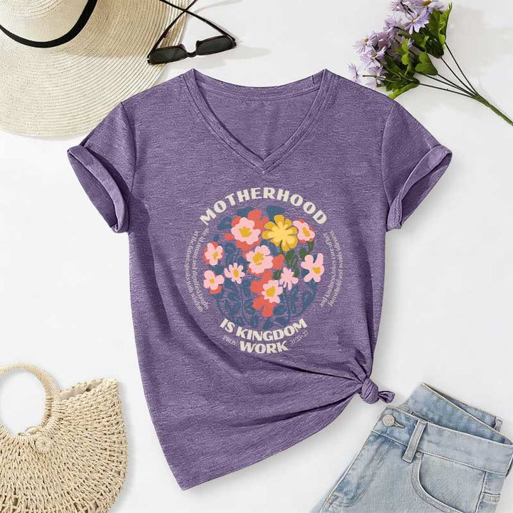 Christianartworkshop T-shirt casual con scollo a V "Boho Floral Motherhood Is Kingdom" per lavoro e maternità. - Viola - 2XL - image 16