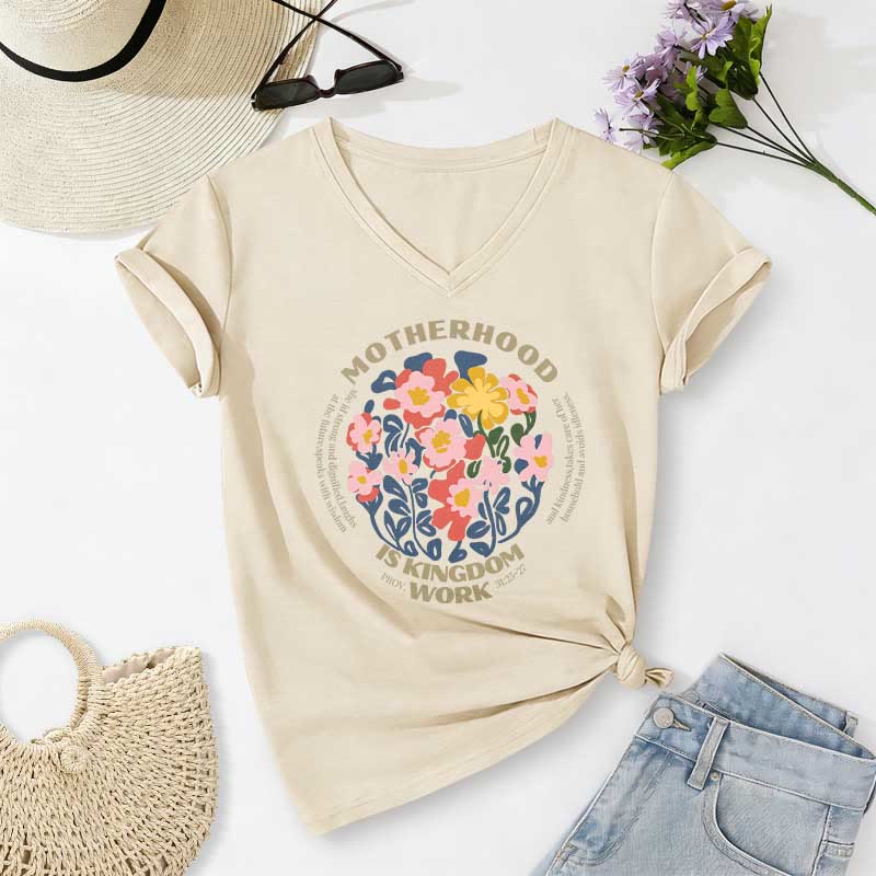 Christianartworkshop T-shirt casual con scollo a V "Boho Floral Motherhood Is Kingdom" per lavoro e maternità. - Beige - 2XL - image 6