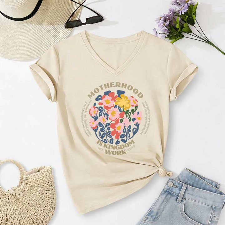 Christianartworkshop T-shirt casual con scollo a V "Boho Floral Motherhood Is Kingdom" per lavoro e maternità. - Beige - 2XL - image 6