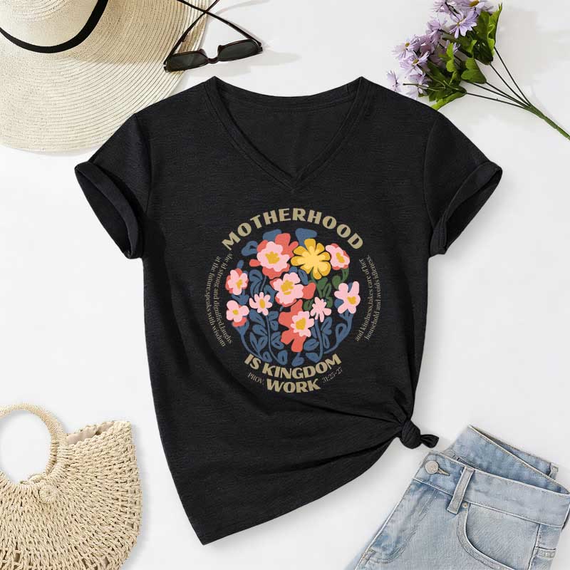 Christianartworkshop T-shirt casual con scollo a V "Boho Floral Motherhood Is Kingdom" per lavoro e maternità. - Nero - 2XL - image 14