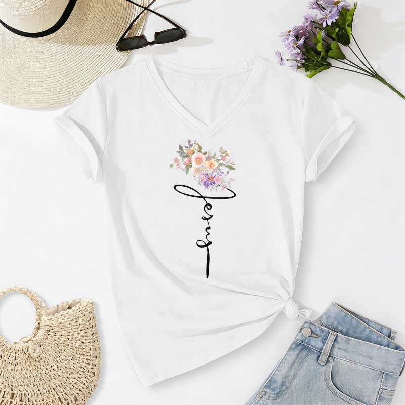 Christianartworkshop T-shirt casual con scollo a V e scritta "Jesus Cursive Floral". - Bianco - 2XL - image 2