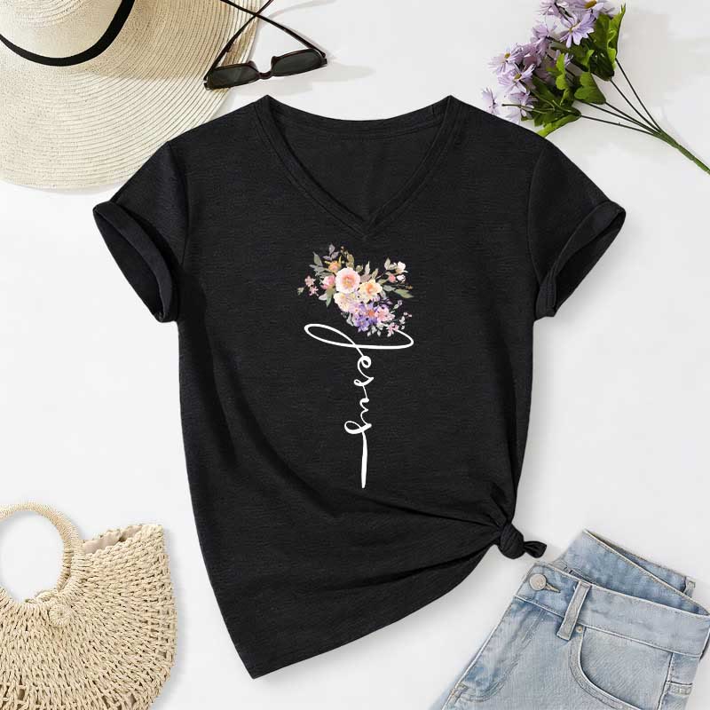 Christianartworkshop T-shirt casual con scollo a V e scritta "Jesus Cursive Floral". - Nero - 2XL - image 12