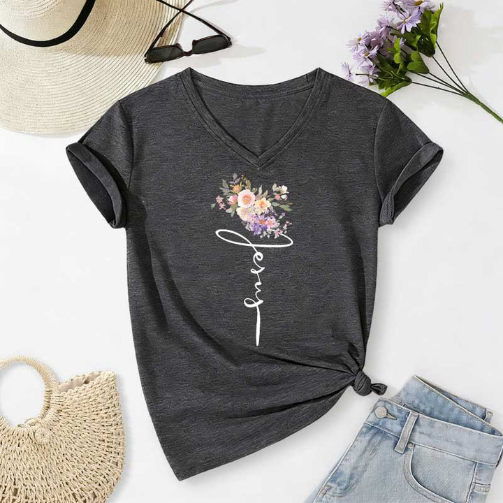 Christianartworkshop T-shirt casual con scollo a V e scritta "Jesus Cursive Floral". - Grigio scuro - 2XL - image 20