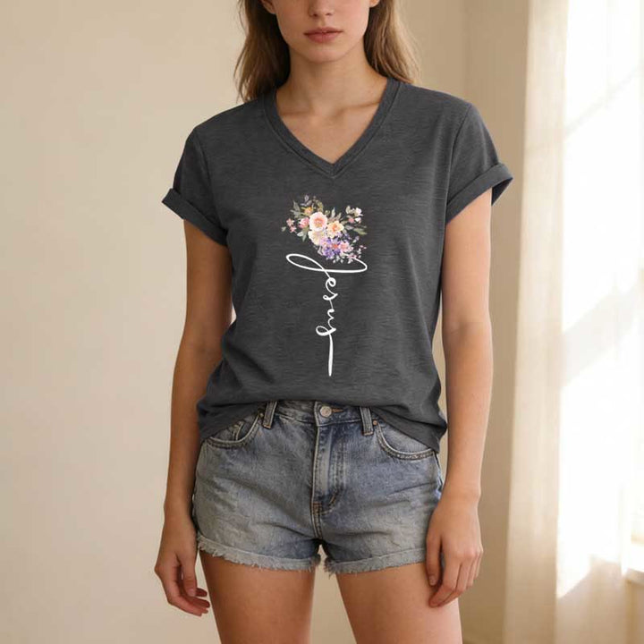 Christianartworkshop T-shirt casual con scollo a V e scritta "Jesus Cursive Floral". - image 21
