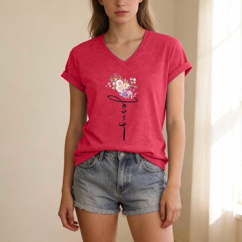 Christianartworkshop T-shirt casual con scollo a V e scritta "Jesus Cursive Floral". - image 23