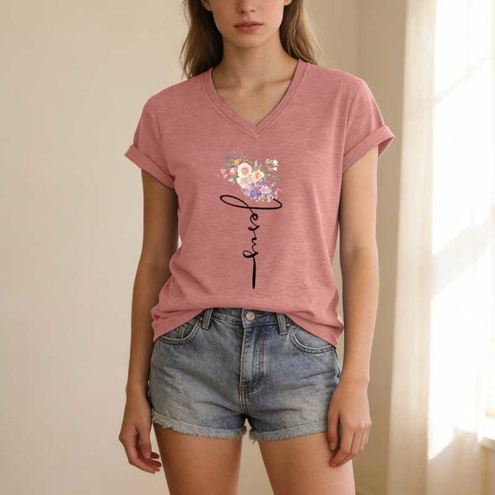 Christianartworkshop T-shirt casual con scollo a V e scritta "Jesus Cursive Floral". - image 11