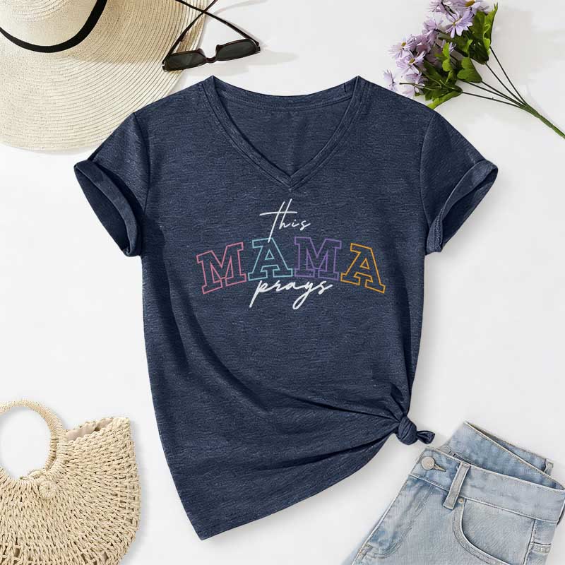 Christianartworkshop Maglietta casual con scollo a V "This Mama Prays Cross" - Blu navy - 2XL - image 18