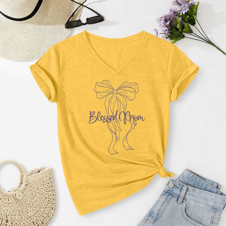 Christianartworkshop T-shirt casual con scollo a V e grafica "Blessed Mom Bow". - Giallo - 2XL - image 8