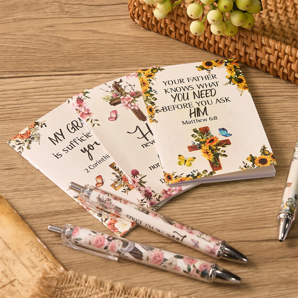 Set regalo Christianartworkshop con penne motivazionali a croce floreale e quaderni con versetti biblici - image 3