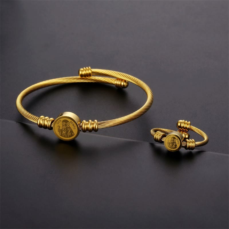 Christianartworkshop Set composto da bracciale e anello con medaglia di San Benedetto a cavo intrecciato: simbolo sacro di protezione divina. - Bracciale e anello - image 1