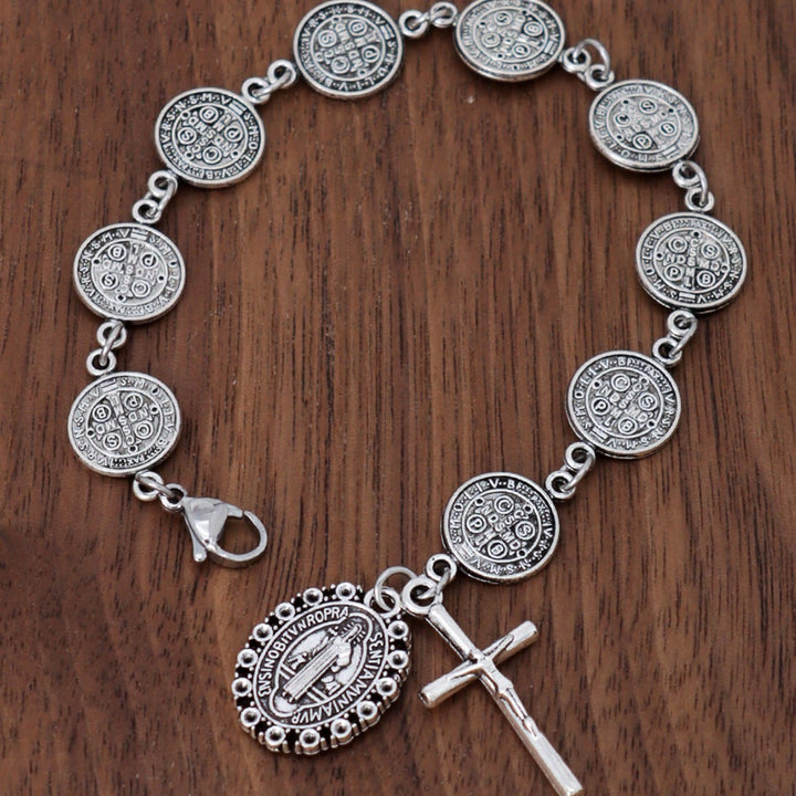 Christianartworkshop Bracciale con maglie della medaglia di San Benedetto e ciondolo a crocifisso: simbolo sacro di protezione divina - image 2