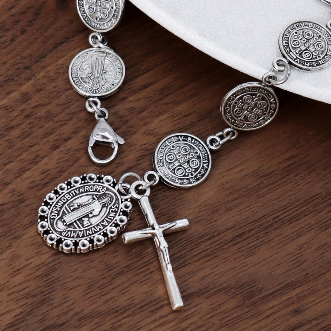 Christianartworkshop Bracciale con maglie della medaglia di San Benedetto e ciondolo a crocifisso: simbolo sacro di protezione divina - San Benedetto - image 0