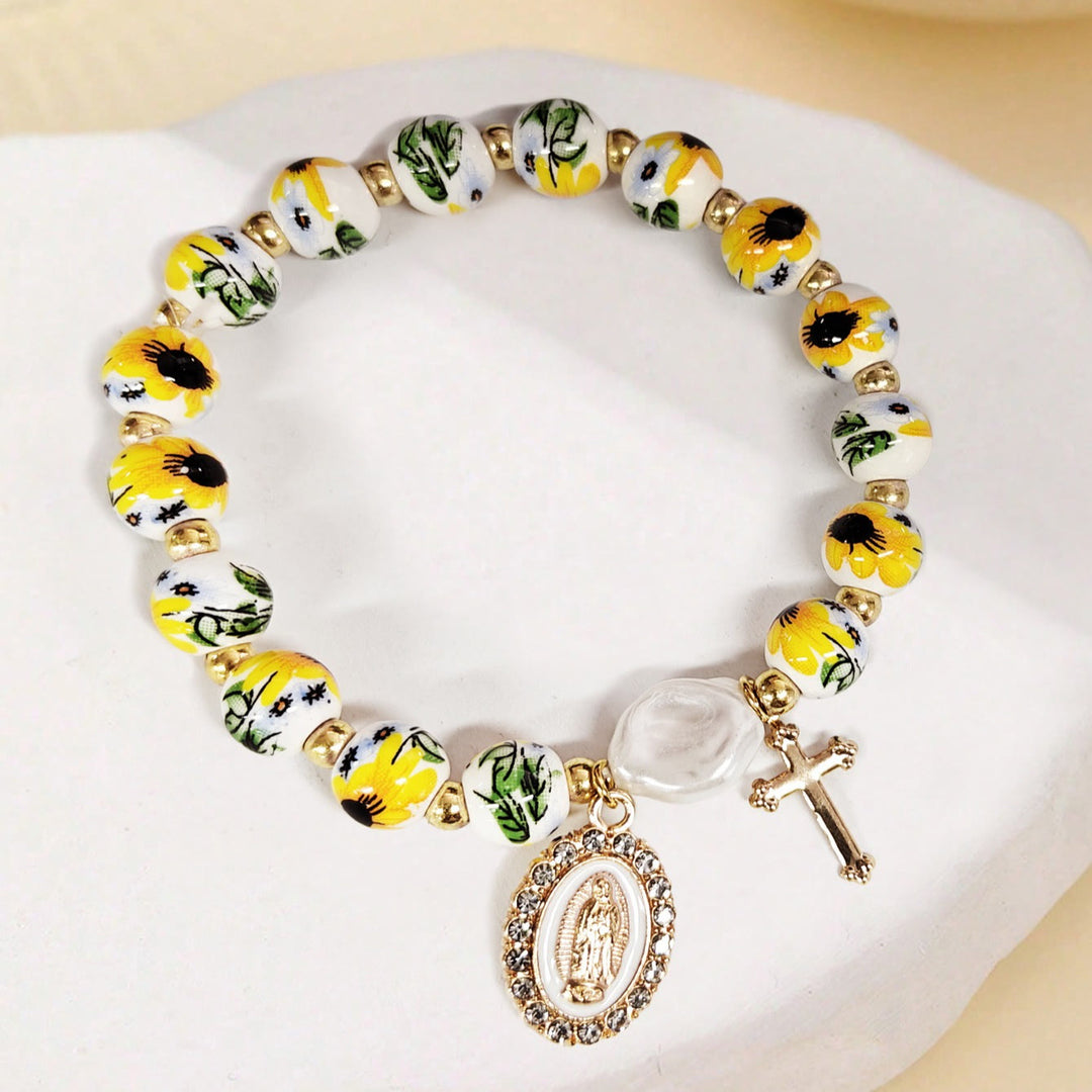 Braccialetto in ceramica e porcellana con decorazioni floreali, medaglietta della Madonna e ciondolo a croce (3 modelli) Christianartworkshop - Giallo - image 0