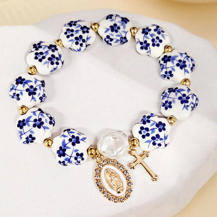 Braccialetto in ceramica e porcellana con decorazioni floreali, medaglietta della Madonna e ciondolo a croce (3 modelli) Christianartworkshop - Blu - image 5