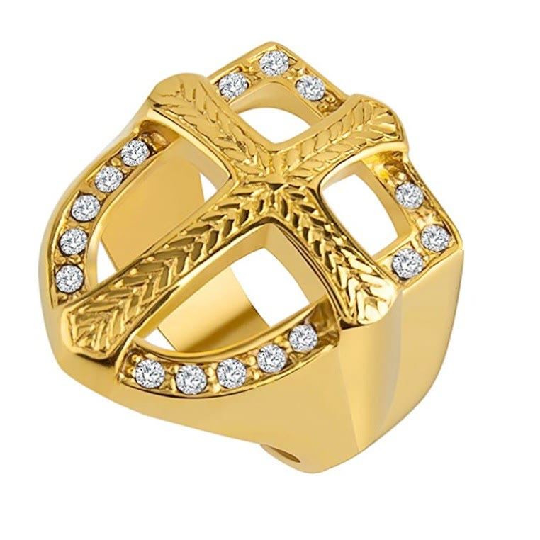 Christianartworkshop Anello con croce cava a scudo e zirconi: 3 opzioni di colore, gioiello da dito del guerriero della fede sacra - D'oro - US 13 - image 0