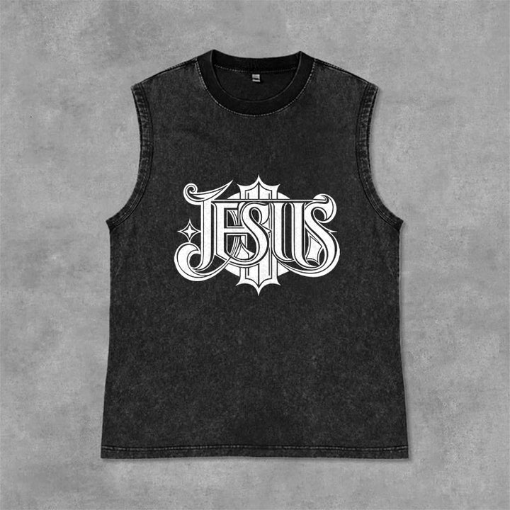 Canotta unisex lavata con scritta gotica "JESUS" Christianartworkshop - Nero - 2XL - image 0