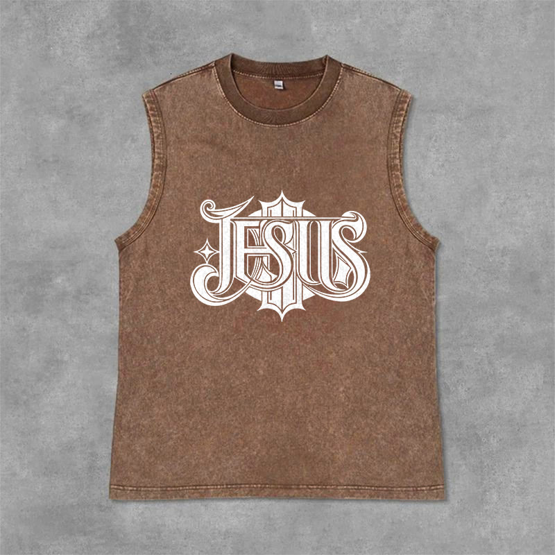 Christianartworkshop Canotta unisex lavata con scritta gotica JESUS - Marrone - 2XL - image 6