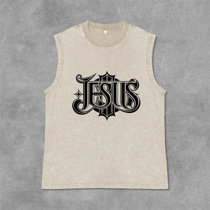 Christianartworkshop Canotta unisex lavata con scritta gotica JESUS - Beige - 2XL - image 9