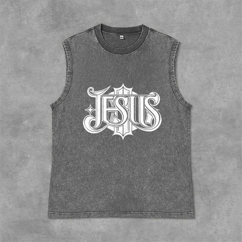 Christianartworkshop Canotta unisex lavata con scritta gotica JESUS - Grigio - 2XL - image 3