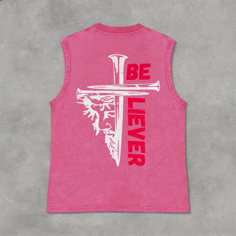 Christianartworkshop Canotta unisex lavata con croce a chiodo "Be Believer" - Rosa - 2XL - image 12