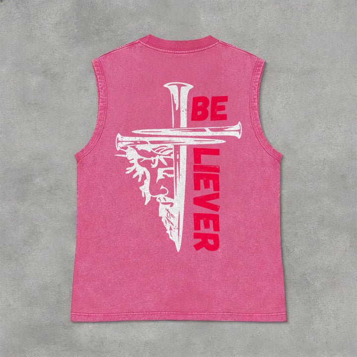 Christianartworkshop Canotta unisex lavata con croce a chiodo "Be Believer" - Rosa - 2XL - image 12