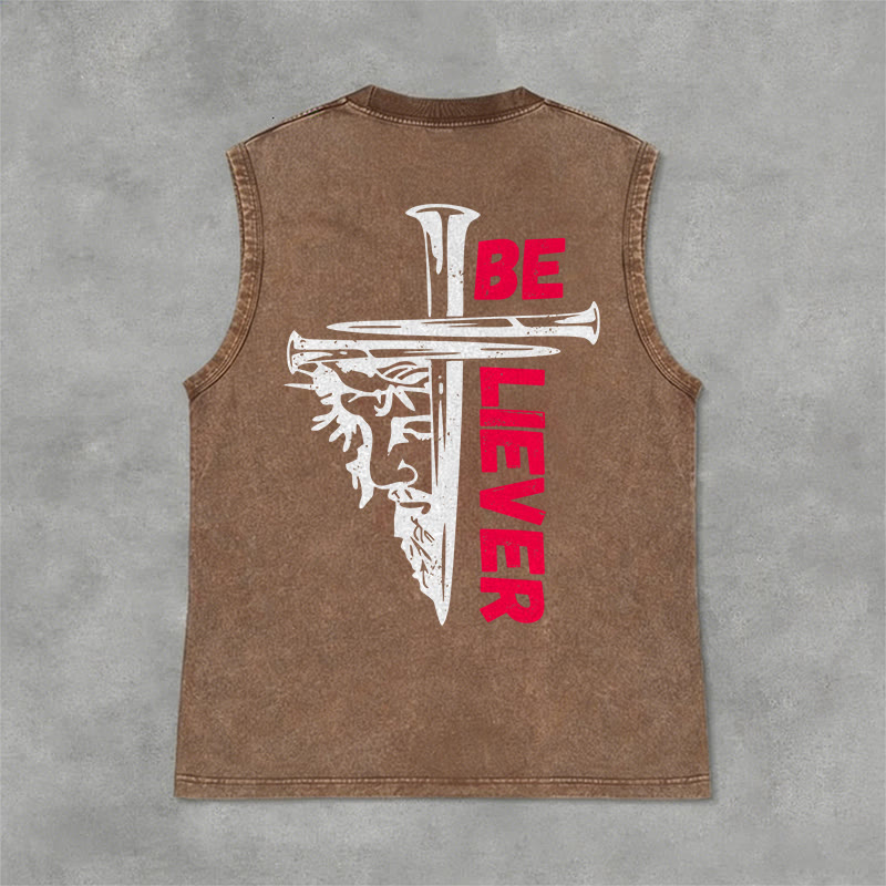 Christianartworkshop Canotta unisex lavata con croce a chiodo "Be Believer" - Marrone - 2XL - image 9