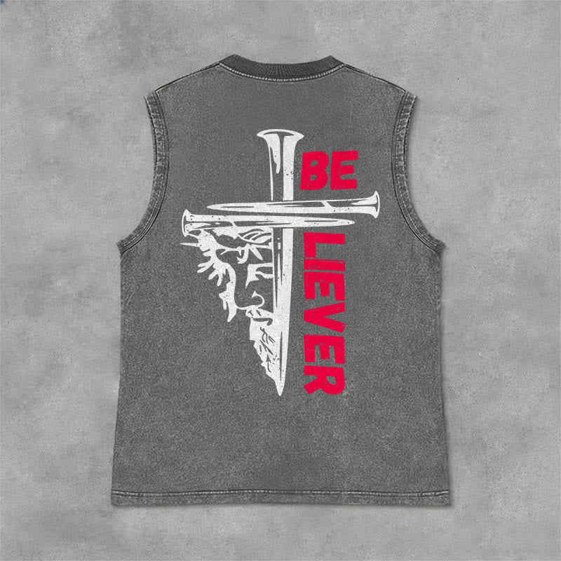 Christianartworkshop Canotta unisex lavata con croce a chiodo "Be Believer" - Grigio - 2XL - image 6
