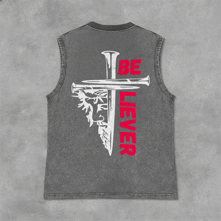 Christianartworkshop Canotta unisex lavata con croce a chiodo "Be Believer" - Grigio - 2XL - image 6