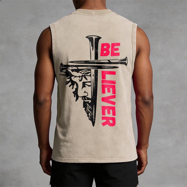 Christianartworkshop Canotta unisex lavata con croce a chiodo "Be Believer" - image 1