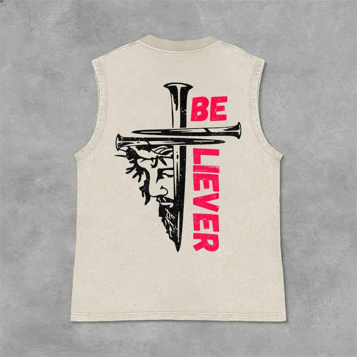 Christianartworkshop Canotta unisex lavata con croce a chiodo "Be Believer" - Beige - 2XL - image 0