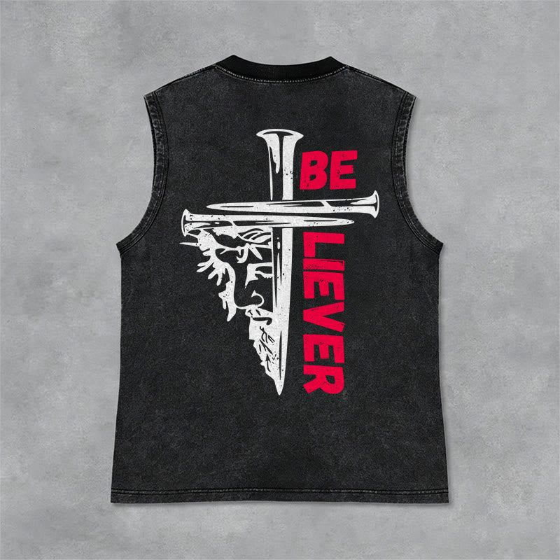 Christianartworkshop Canotta unisex lavata con croce a chiodo "Be Believer" - Nero - 2XL - image 3