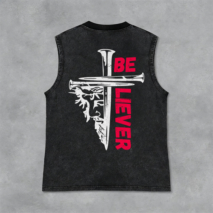 Christianartworkshop Canotta unisex lavata con croce a chiodo "Be Believer" - Nero - 2XL - image 3