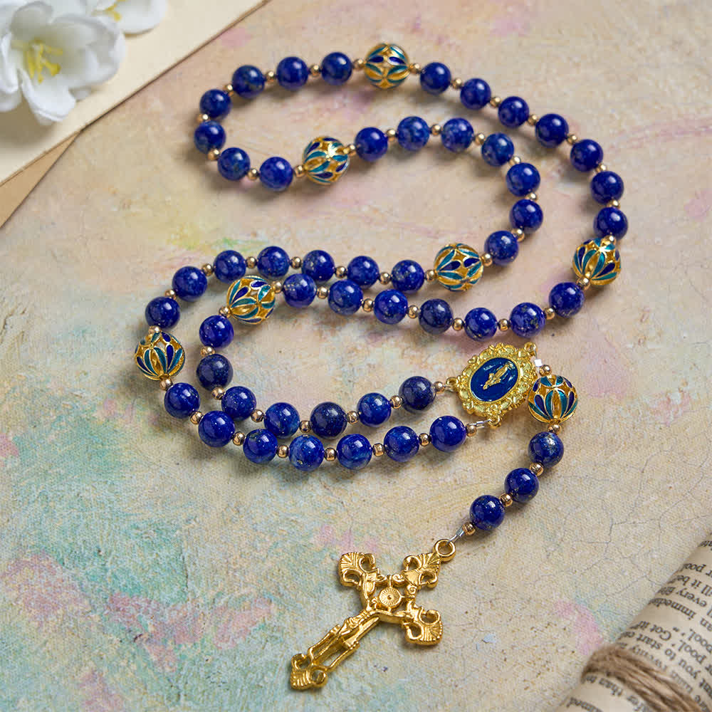 Christianartworkshop Rosario vintage della Madonna in lapislazzuli blu intenso con dettagli in smalto cloisonné. - Nostra Signora e il Crocifisso - image 0