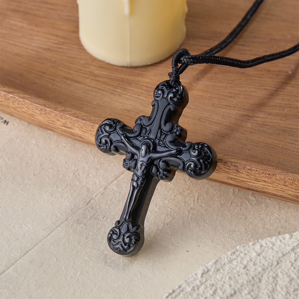 Collana con ciondolo a crocifisso in ossidiana in stile classico Christianartworkshop - image 7