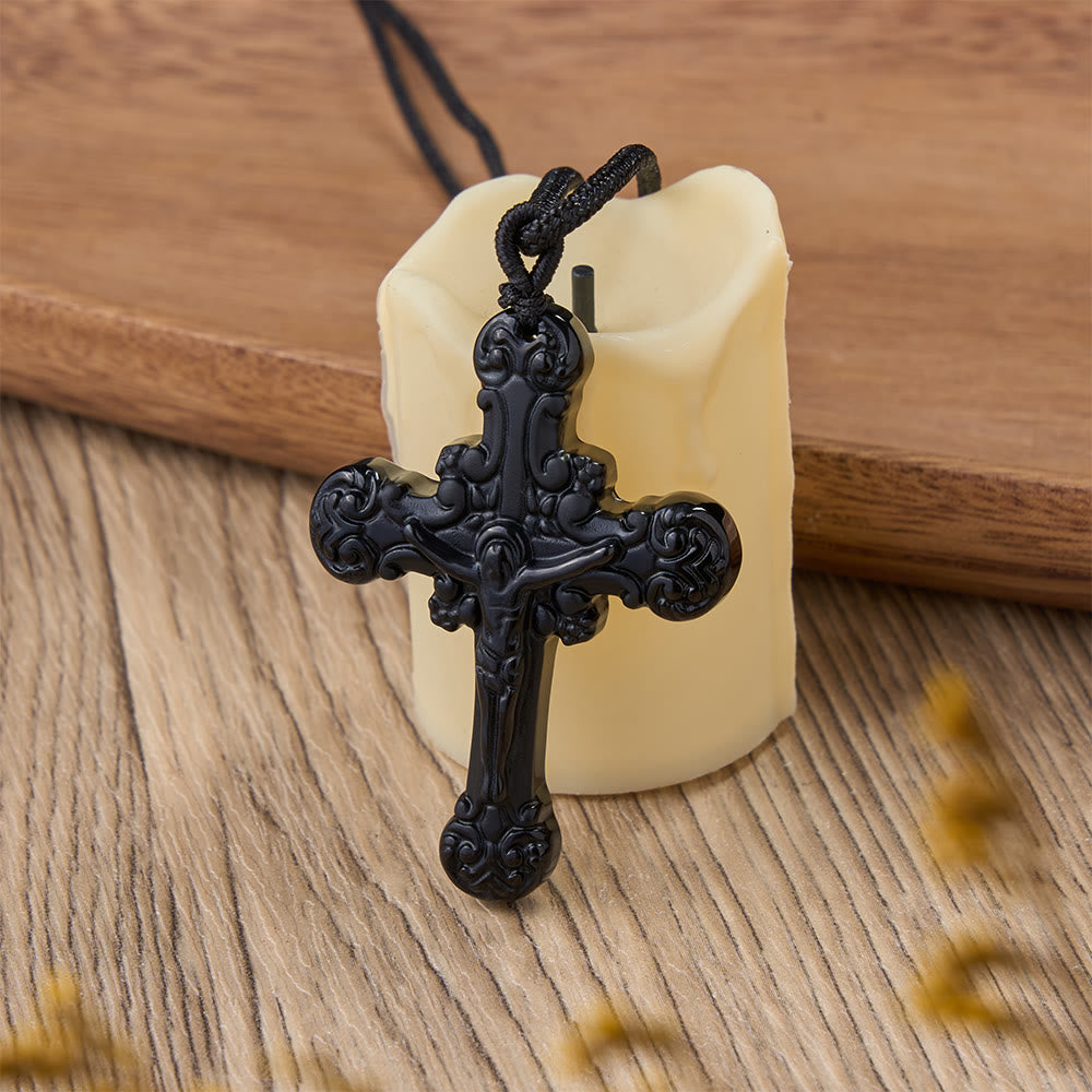 Collana con ciondolo a crocifisso in ossidiana in stile classico Christianartworkshop - image 5
