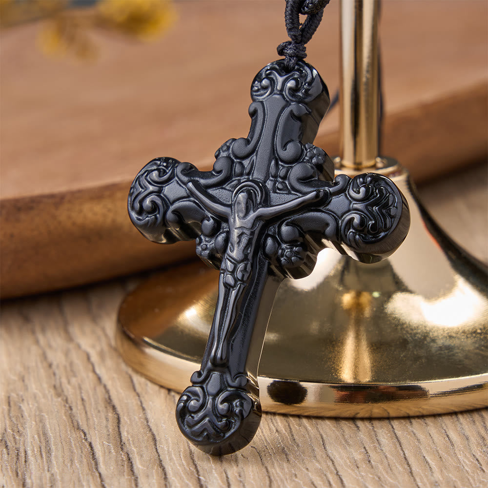 Collana con ciondolo a crocifisso in ossidiana in stile classico Christianartworkshop - image 2